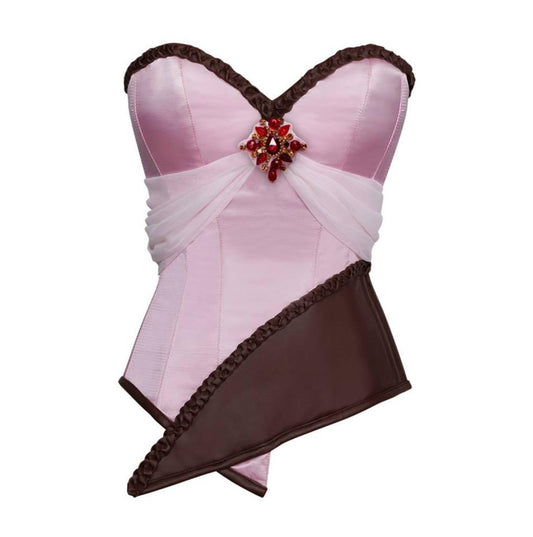 Pink Satin Corset with Faux Leather Braided Trim