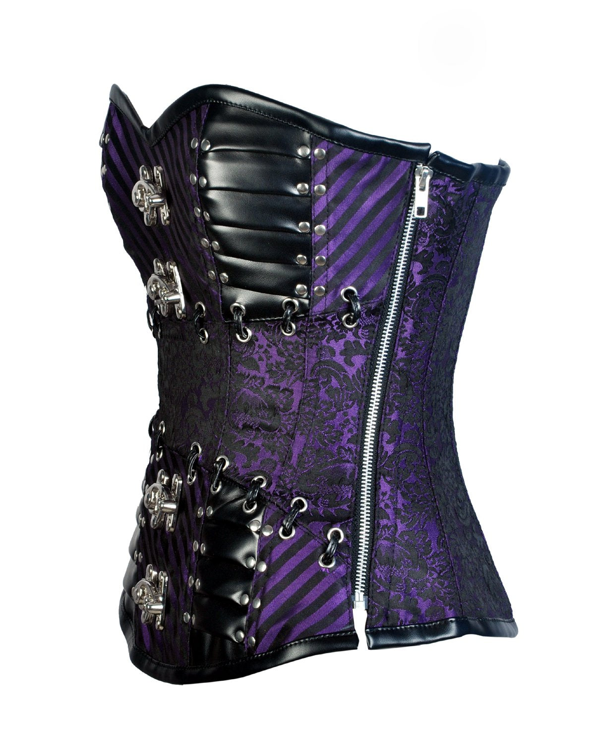 Gray Purple Brocade & Black Faux Leather Gothic Corset