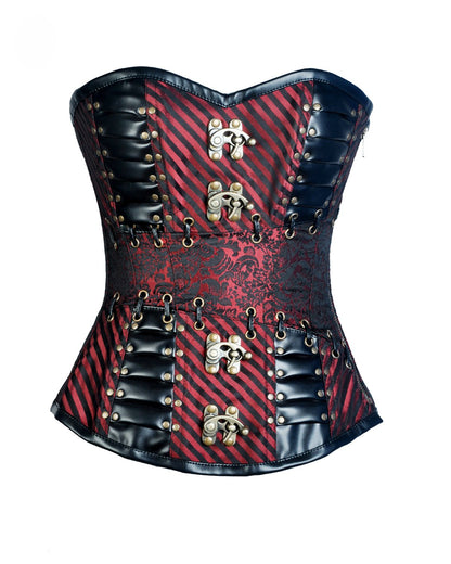 Keane Red Brocade & Faux Leather Gothic Corset