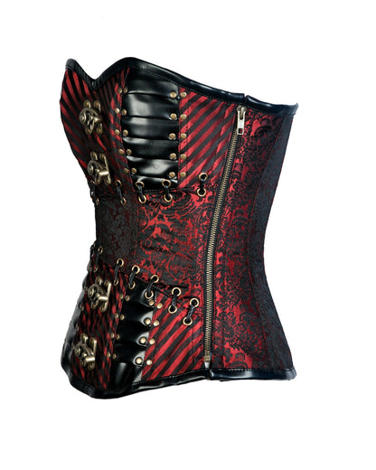 Keane Red Brocade & Faux Leather Gothic Corset