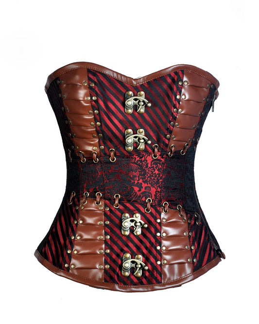 Loftus Red Brocade & Faux Leather Gothic Corset
