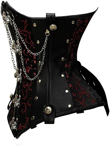 Flodin Red Brocade & Faux Leather Underbust Corset With Chain Details