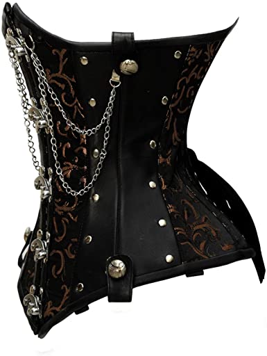 Schurmann Brown Brocade & Faux Leather Underbust Corset With Chain Details