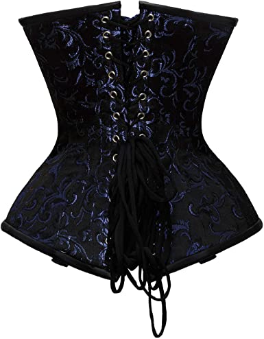 Rueber Blue Brocade & Faux Leather Underbust Corset With Chain Details