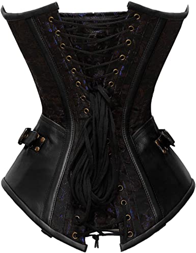 Tolleson Blue Brocade & Black Faux Leather Overbust Corset