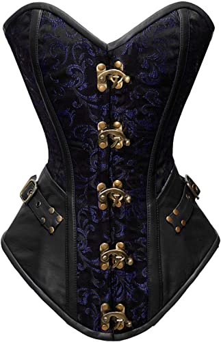 Tolleson Blue Brocade & Black Faux Leather Overbust Corset