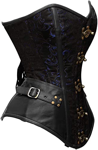 Tolleson Blue Brocade & Black Faux Leather Overbust Corset