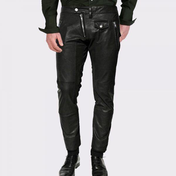 Cross Zip Closing Leather Pant - Leather Pants for Men