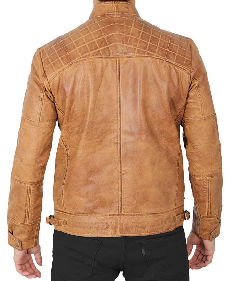 Quilted Brown Camel Distressed Leather Jacket for Men - Wiseleather
