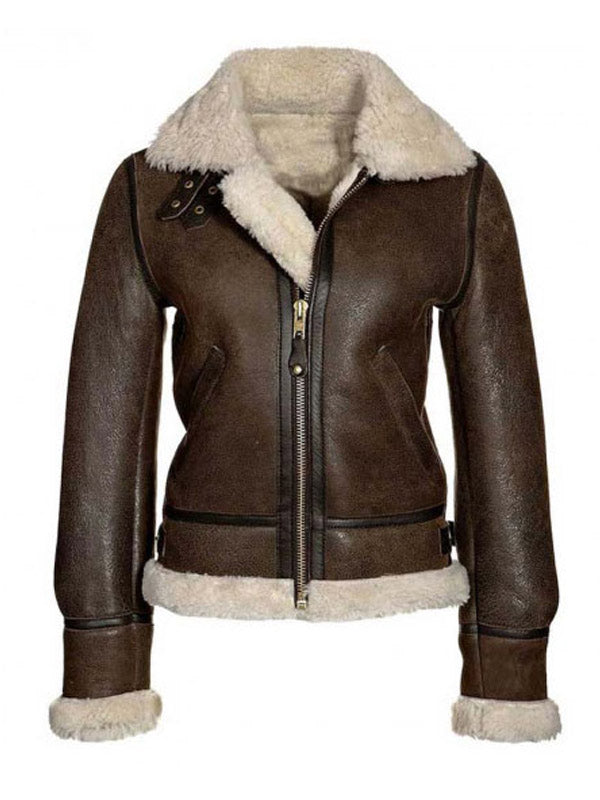 Chocolate Brown Leather Fur Aviator Jacket Women