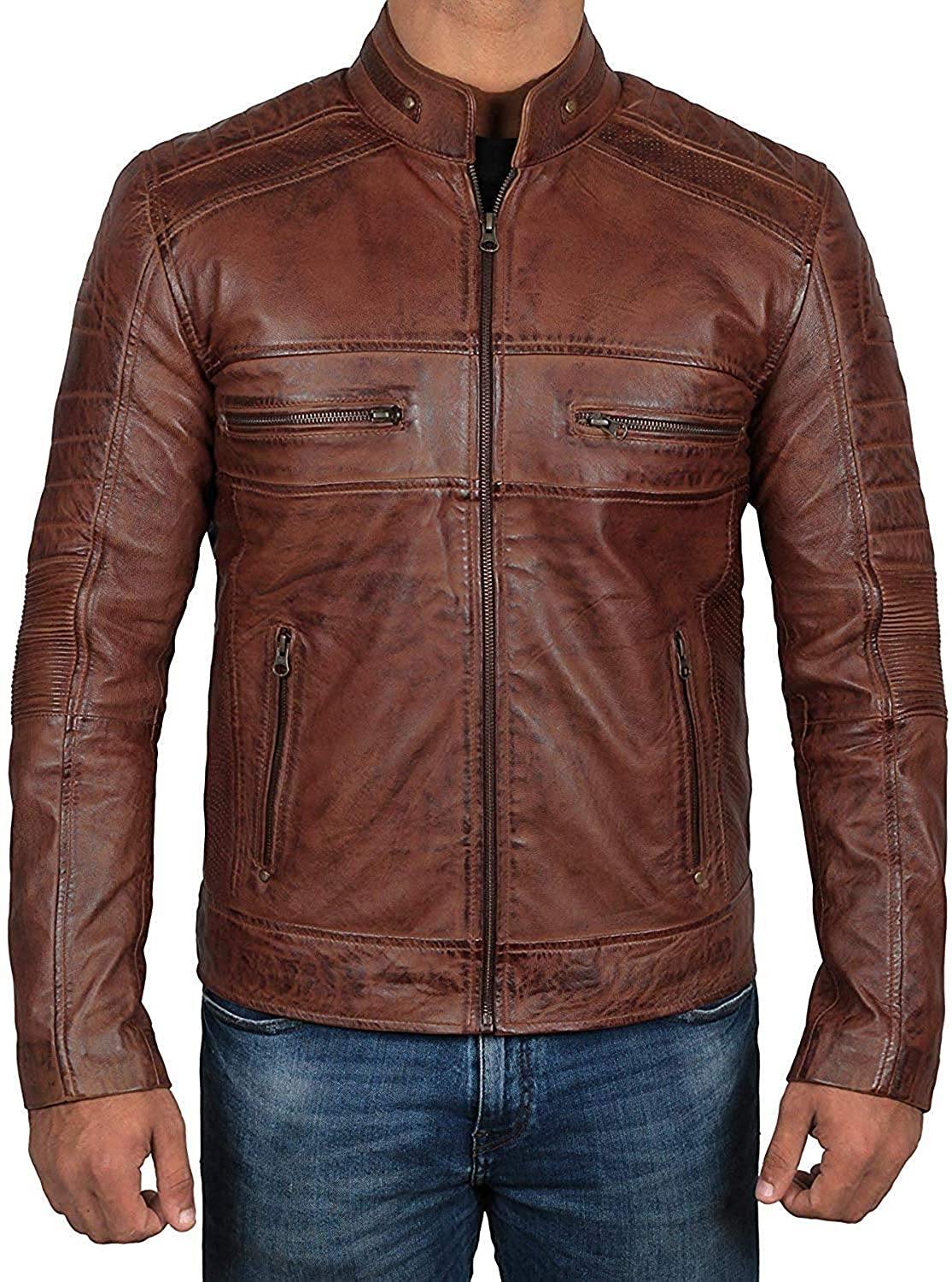 Chocolate Brown Waxed Mens Perforated Leather Jacket With Zipper Cuff - Wiseleather