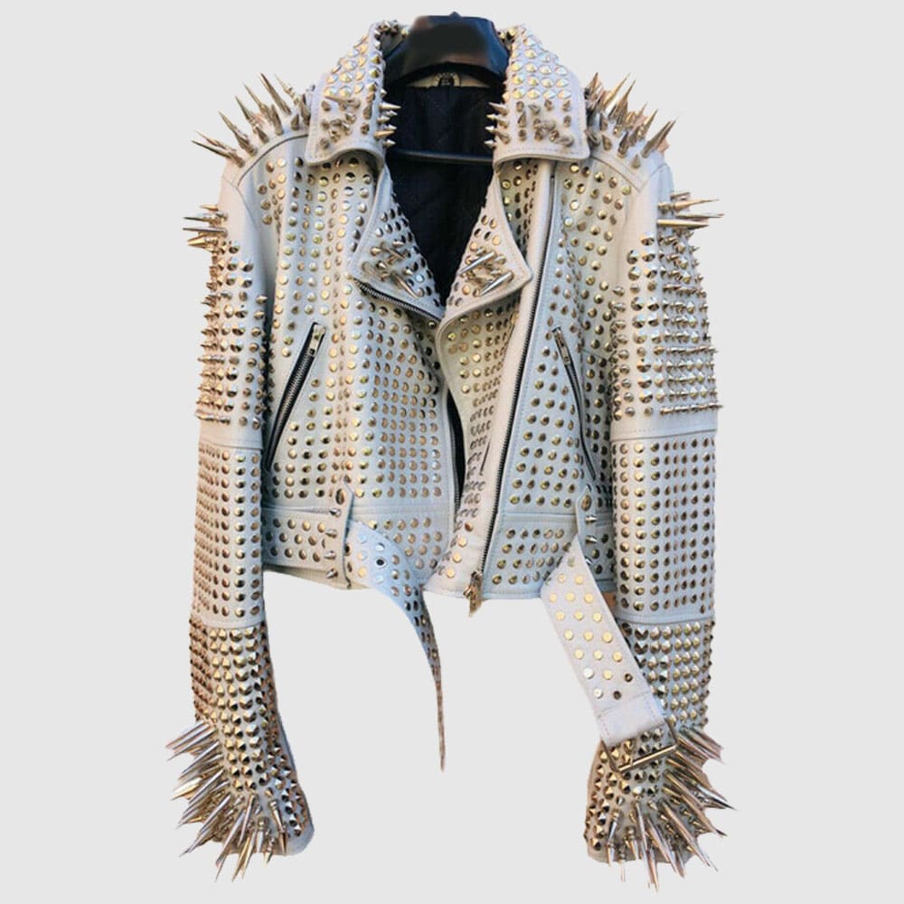 Comortable White Color Brando Metal Spiked Real Leather Round Studs Jacket