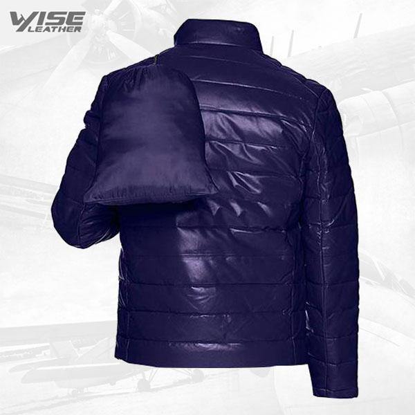 Dark Blue Leather Puffer Jacket with Packable Down