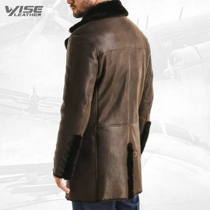 Deep Fur Collar Brown Leather Winter Coat for Men