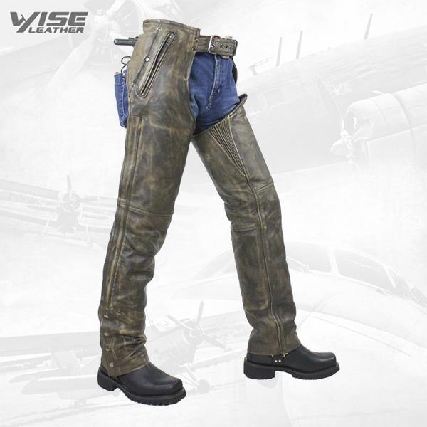 Distress Brown Premium Leather Motorcycle chaps with Pockets - Wiseleather