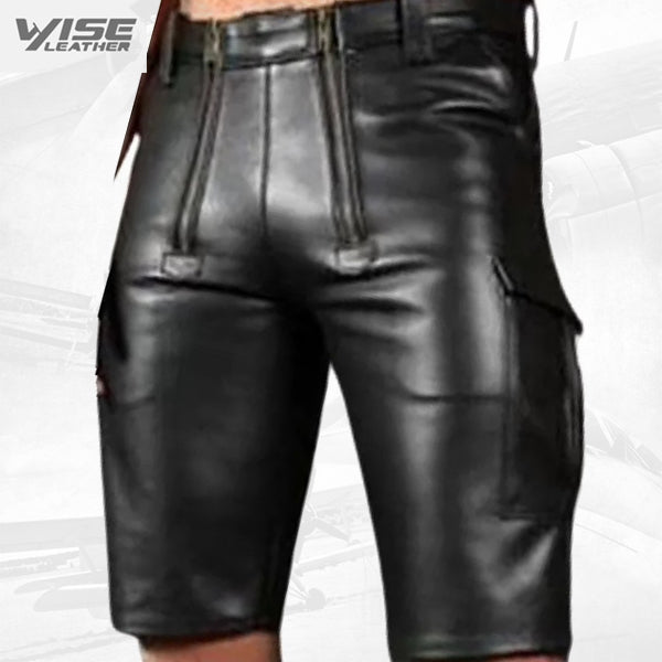 Double Front Zipper Real Sheepskin Black Leather Cargo Shorts For Men