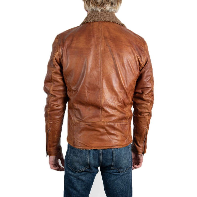 Faux Fur Brown Leather Shearling Jacket For Mens