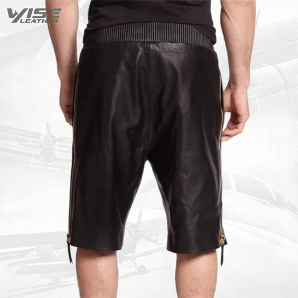 Genuine Lambskin Black Leather Shorts for Men