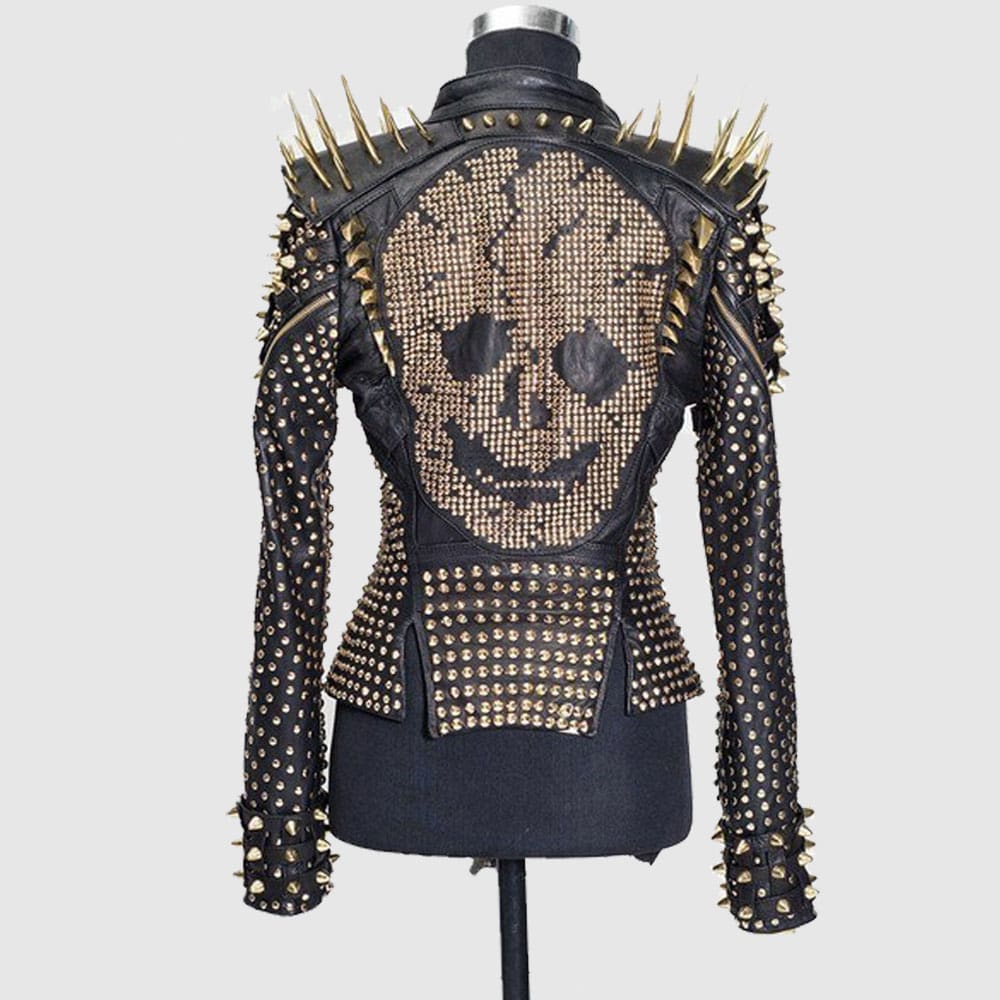 Gold Spiked Punk Style Heavy Metal Real Leather Biker Cocktail Jacket back