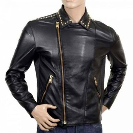 Golden Zipper Studded Punk Men Leather Jacket - Wiseleather