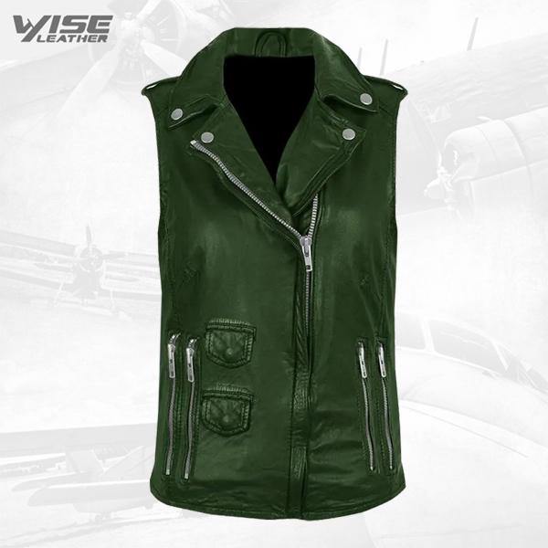 Green Genuine Leather Biker Vest - Wiseleather
