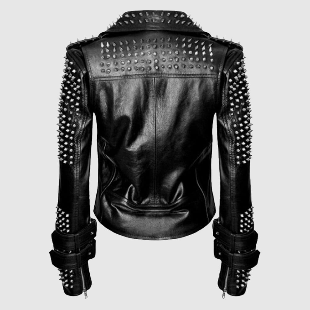 Handmade Women Black Punk Silver Spiked Studded Leather Biker Jacket back