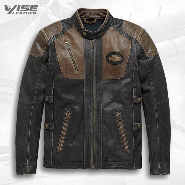 Harley Davidson Men's Vent Brown Biker Motorcycle Genuine Real Leather Jacket - Wiseleather