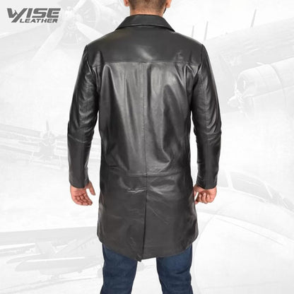 Iconic Crombie Style Long Black Leather Mens Coat