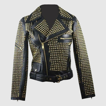 Ladies Black Leather Golden Studded Stylish Jacket Studded Punk Jacket