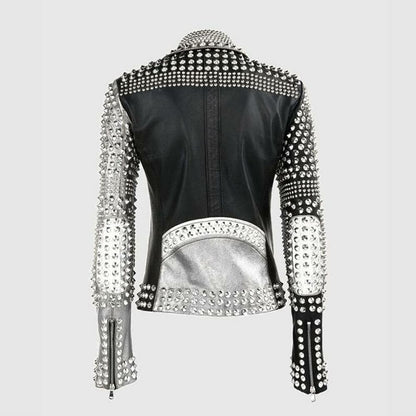 Ladies Brando Silver Black Cone Studded Pure Leather Zippered Gothic Jacket back