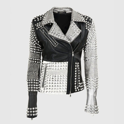 Ladies Brando Silver Black Cone Studded Pure Leather Zippered Gothic Jacket