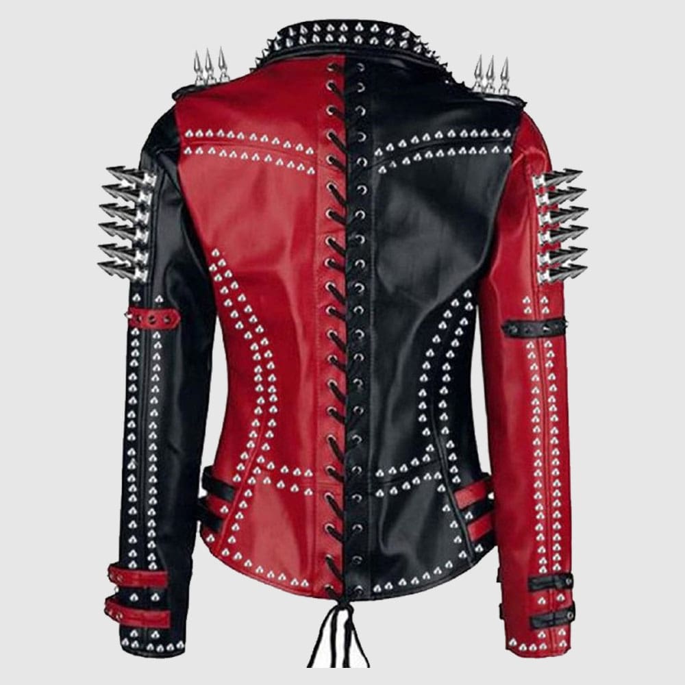 Ladies Motorbike Heavy Metal Spike Studs Real Leather Steampunk Jacket back