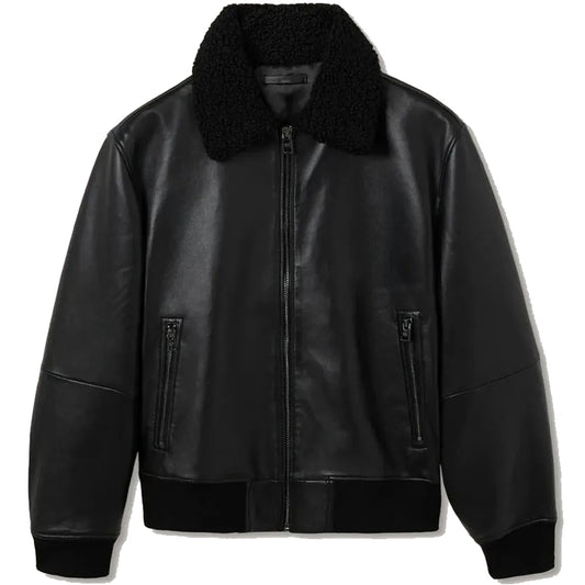 Black Shearling Leather Bomber Jacket - Bomber Jacket