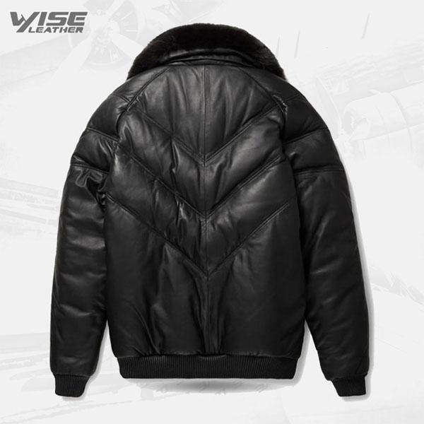 Leather V-Bomber Jacket Black with Black Fox Fur - Wiseleather