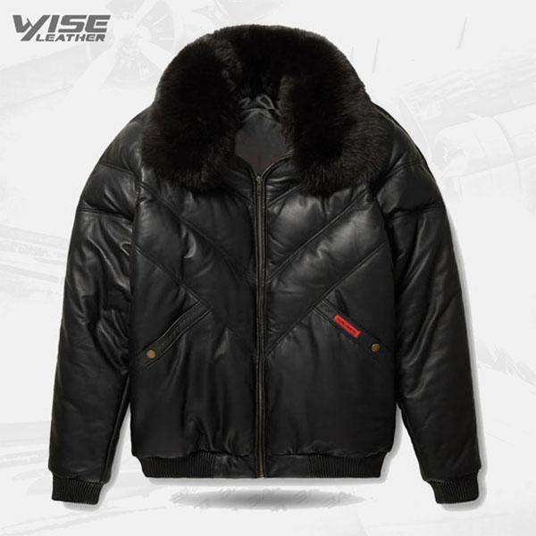Leather V-Bomber Jacket Black with Black Fox Fur - Wiseleather
