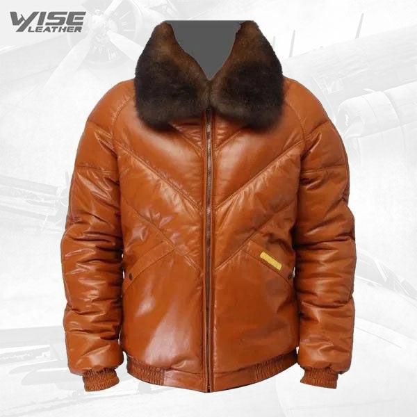 Leather V-Bomber Jacket with White Fox Fur - Bubble Jacket