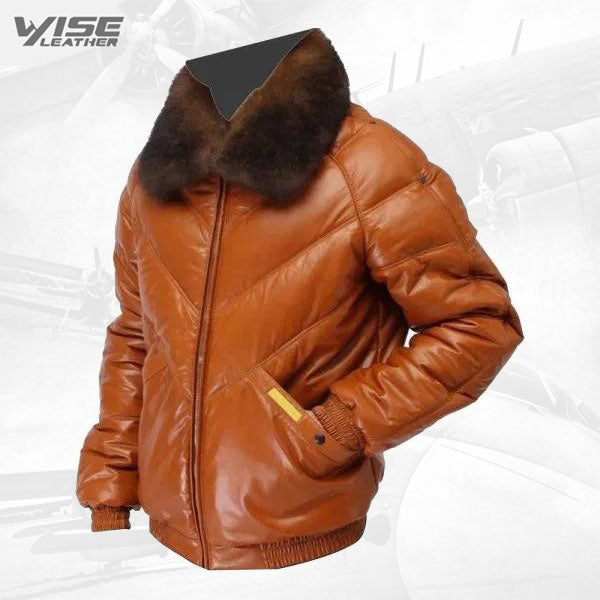 Leather V-Bomber Jacket with White Fox Fur - Bubble Jacket