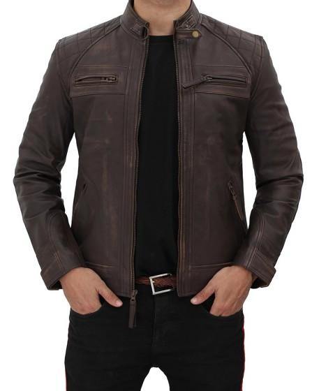 Distressed Quilted Brown Four Pocket Leather Biker Jacket Men - Wiseleather