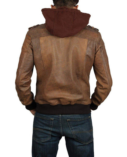 Bomber Style Distressed Brown Leather Camel Jacket with Hood - Wiseleather