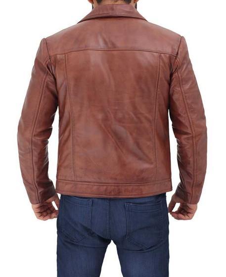 Distressed Lambskin Brown Leather Jacket with Button Closure