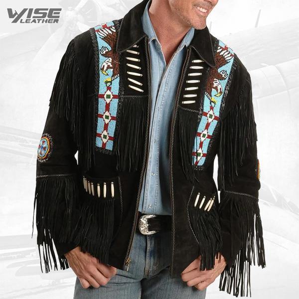 Liberty Wear Eagle Bead Fringed Black Leather Jacket - Wiseleather