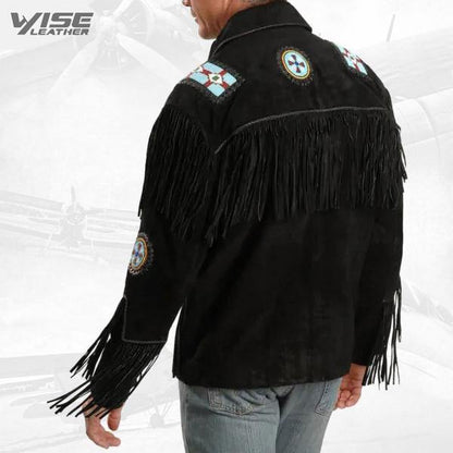 Liberty Wear Eagle Bead Fringed Black Leather Jacket - Wiseleather