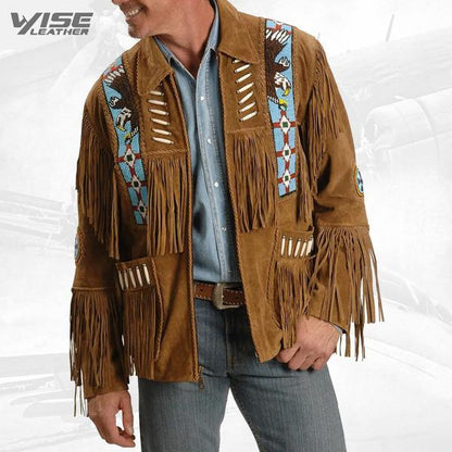 Liberty Wear Eagle Bead Fringed Leather Jacket - Wiseleather
