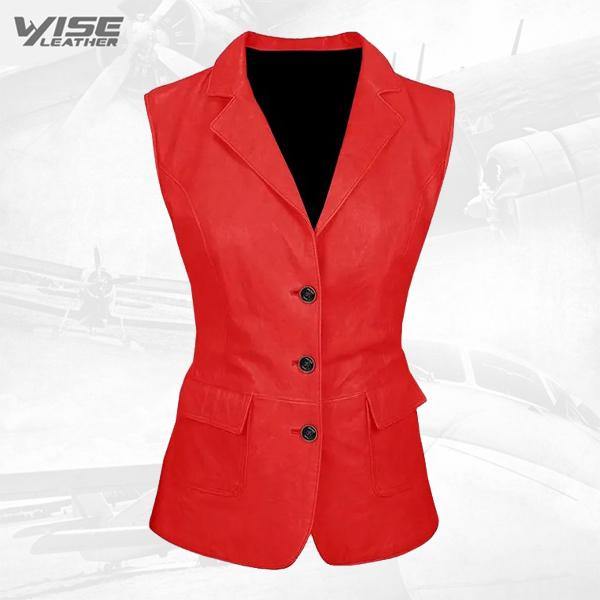 Luxurious 3 Button Womens Red Leather Vest - Wiseleather