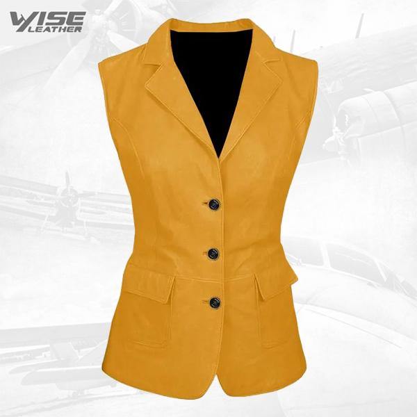 Luxurious 3 Button Womens Yellow Leather Vest - Wiseleather