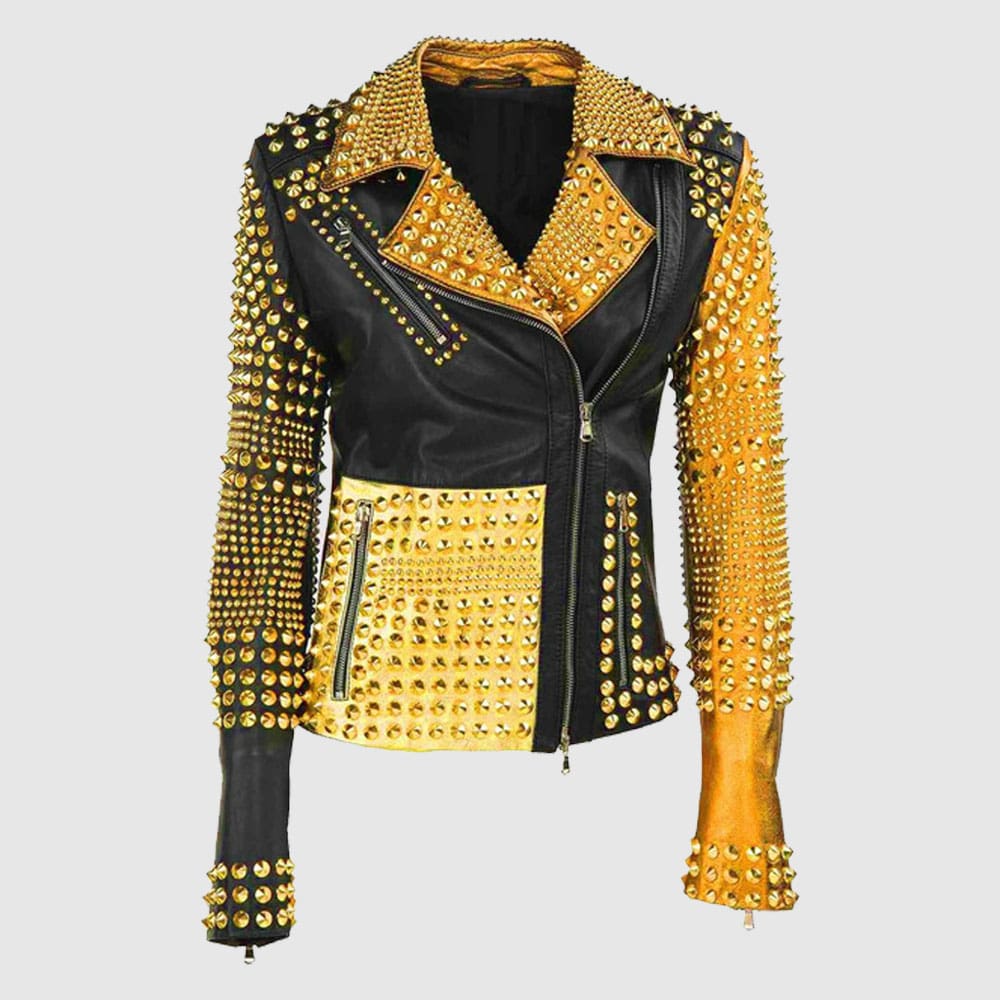 Luxury Colorful Trendy Apparel Gold Studded Punk Rock Leather Jacket