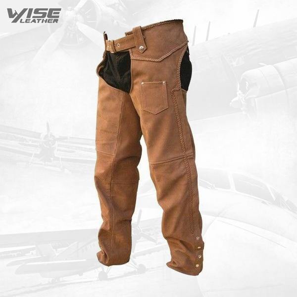 MENS PREMIUM BUFF BROWN BUFFALO BRAIDED LEATHER BIKER MOTORCYCLE CHAPS - Wiseleather