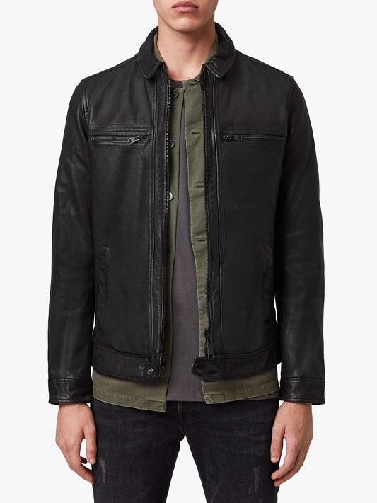 Solid Black Leather Jacket for Men