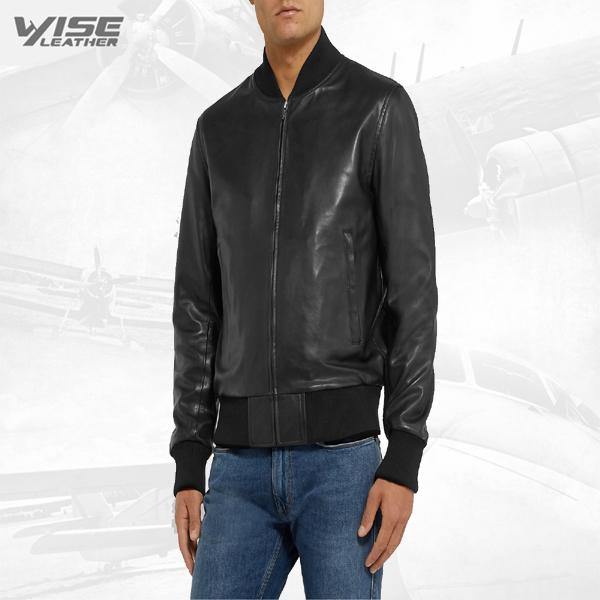Men Black Bomber Leather Jacket - Wiseleather