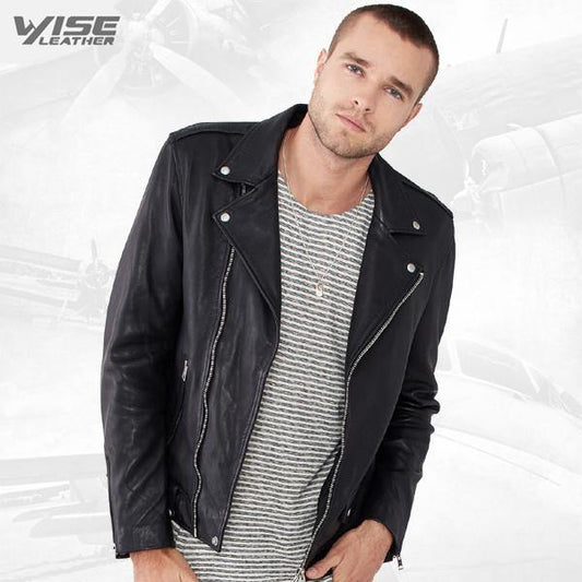 Men Black Leather Biker Jacket - Wiseleather